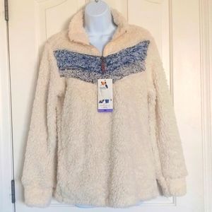 New warm weatherproof vintage pullover, size extra small, off white with blue